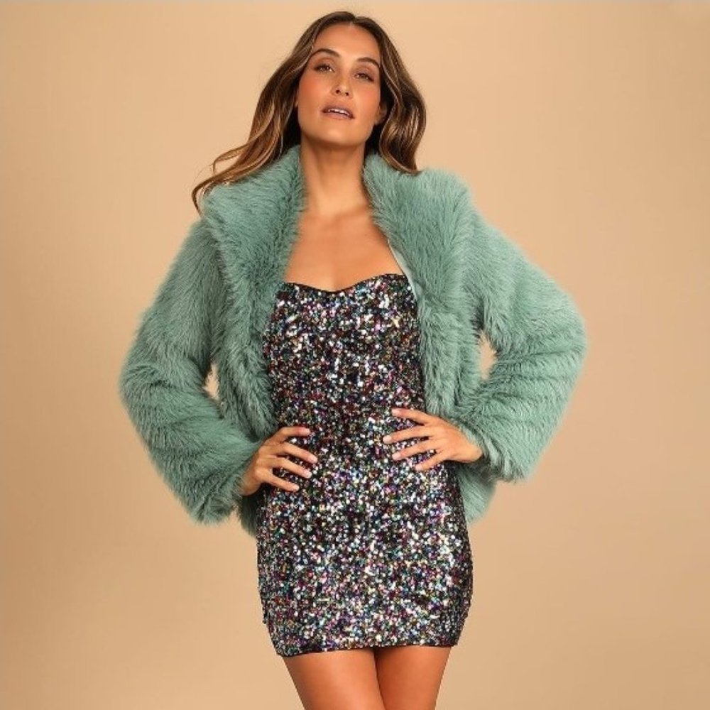 Lulu's Faux Fur Jacket Dazzling Diva Mint Green Small NWT